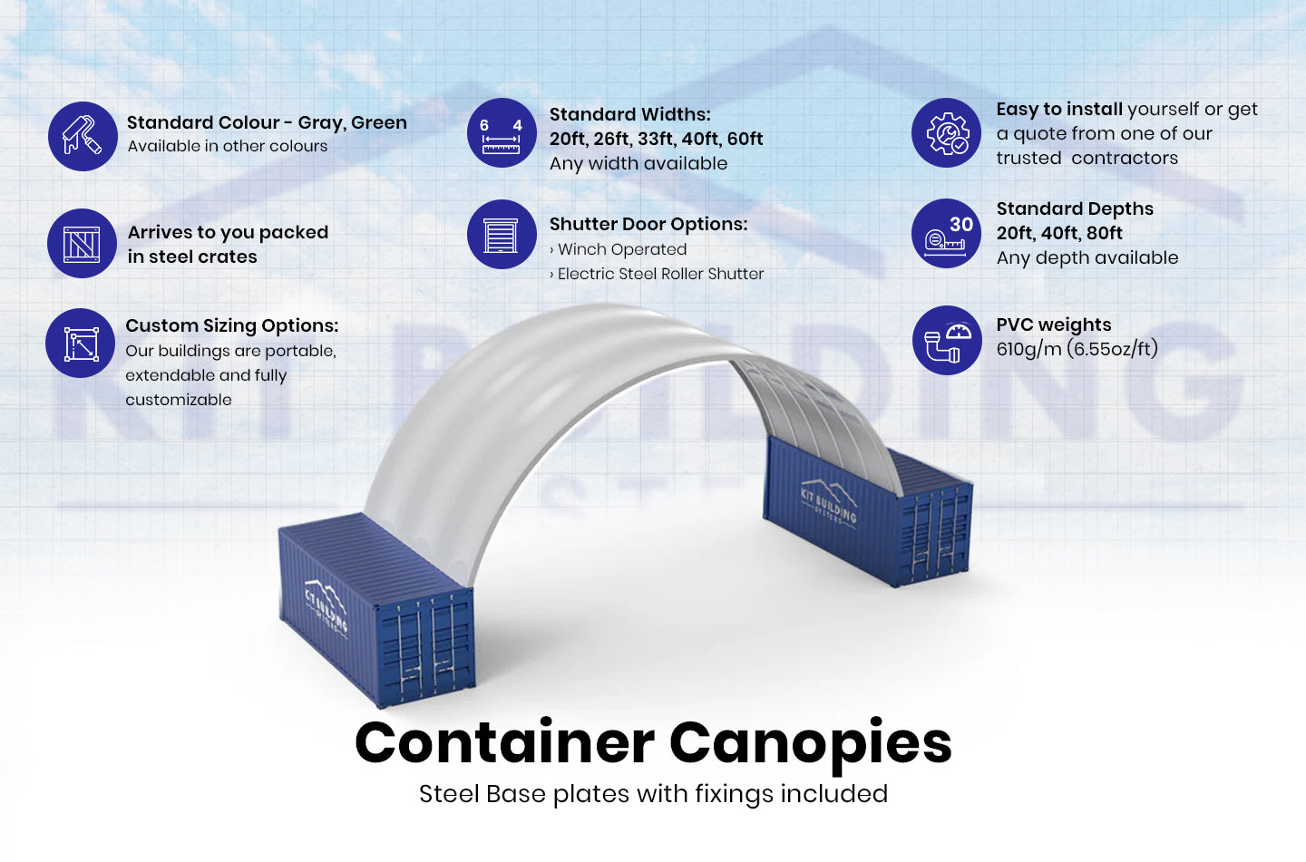 Coberturas para contentores - 40 pés x 20 pés x 15 pés (12m x 6m x 4,5m)